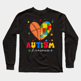 Puzzle Basketball Ball Heart Autism Awareness Autistic Long Sleeve T-Shirt